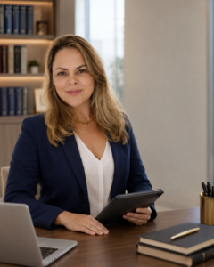 Advogada previdenciária Jade Carneiro em escritório jurídico moderno, pronta para atender casos de aposentadoria, LOAS/BPC, auxílio-doença, benefício por incapacidade e demais questões relacionadas ao INSS.